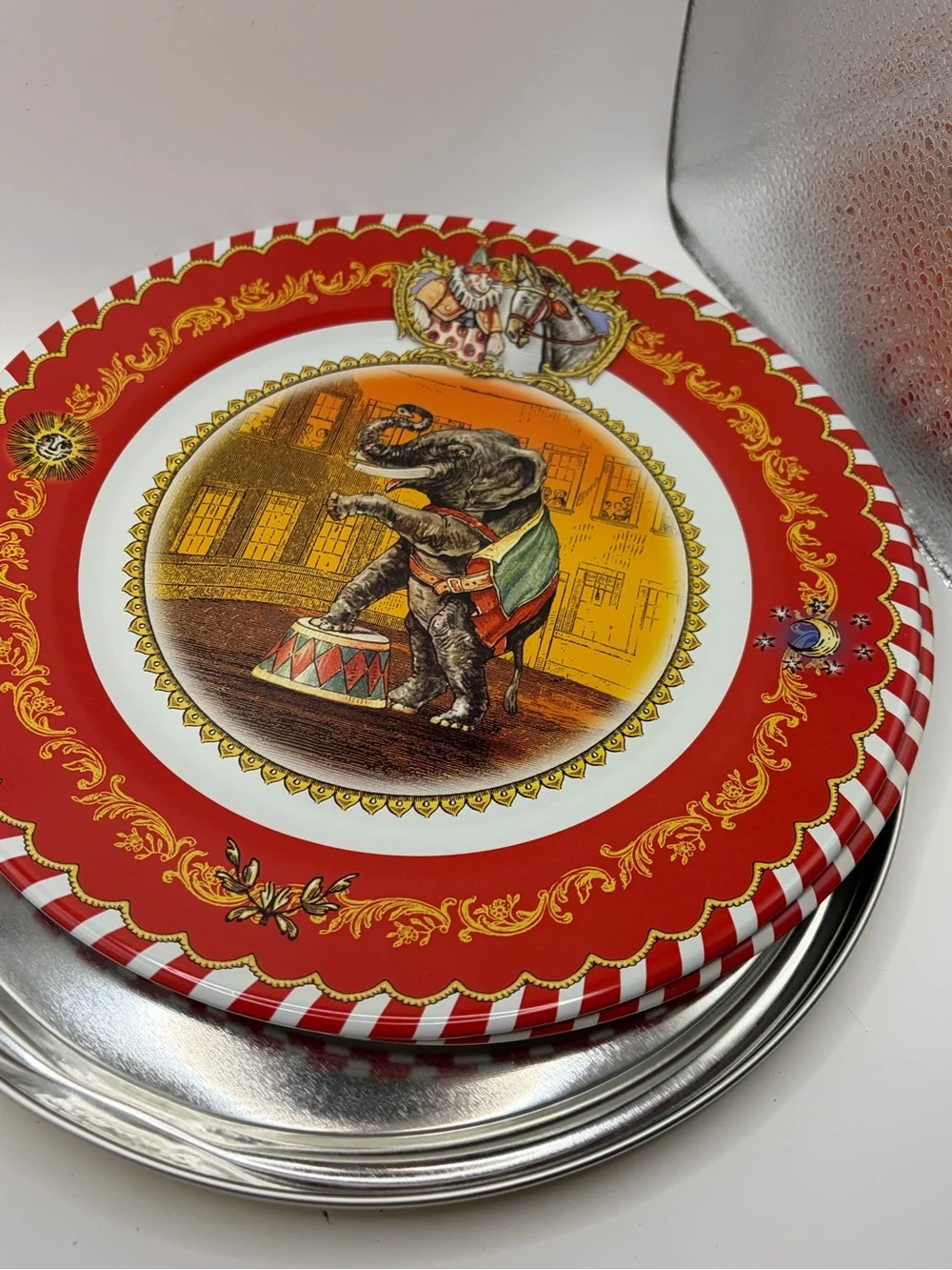 Set of 8 Restoration Hardware Circus Tin Plates Brand New in Storage Tins